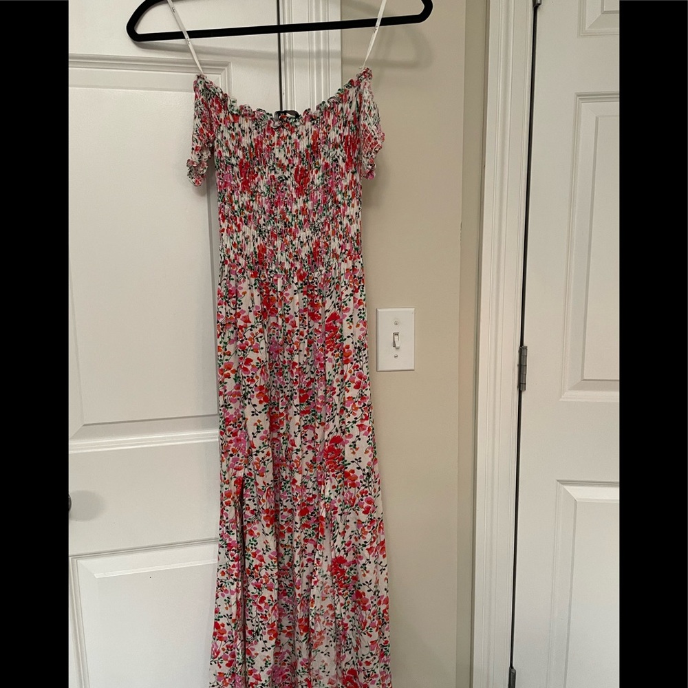 Lulu's White Maxi Dress with Pink & Red Floral Print